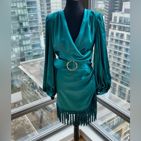 🆕 BRONX & BANCO 🧿 NWOT Monica Long Sleeve Satin Wrap Dress, Fringed Hem - Picture 5 of 16